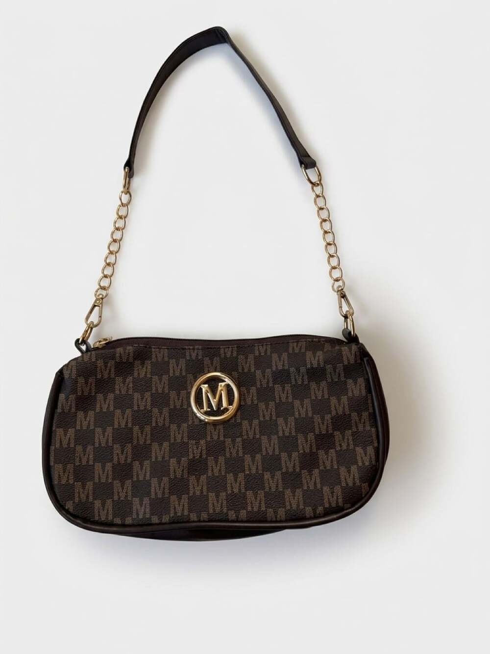 Monogram Patterned Women's Shoulder Bag with Gold Chain